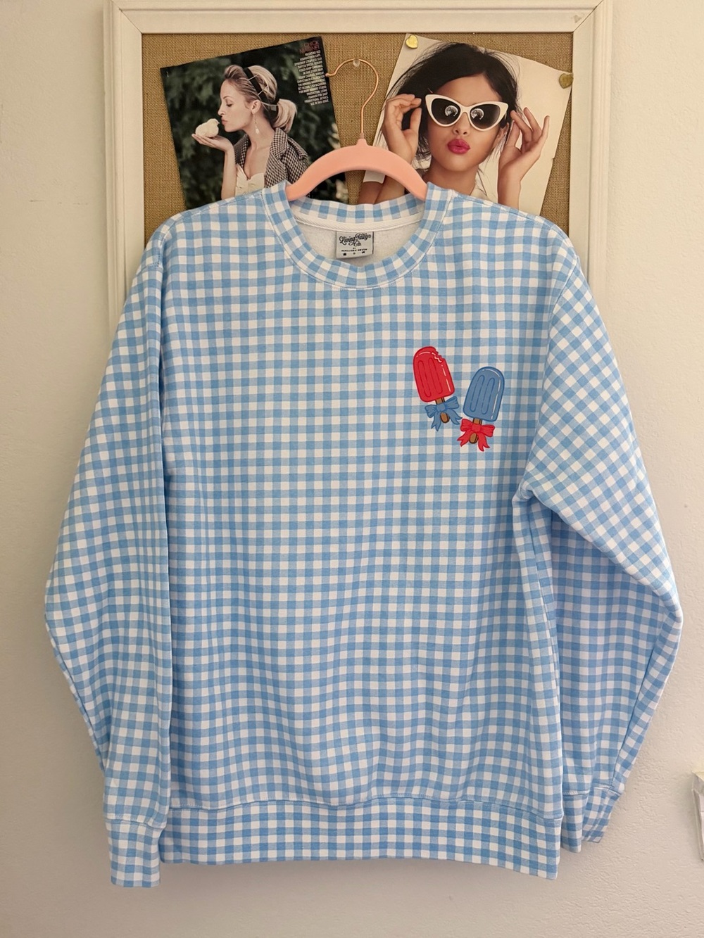 Living Fully Co. Blue Gingham Sweatshirt with Popsicle Motif